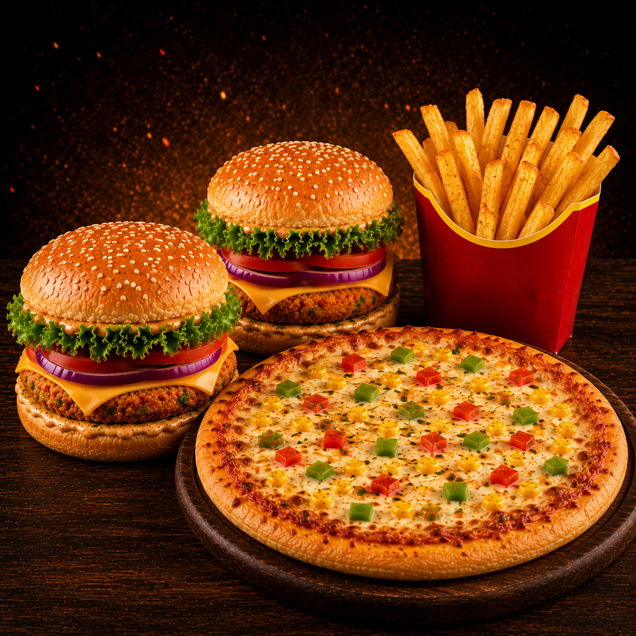 2 Veg Burgers + Fries + Cheese Pizza