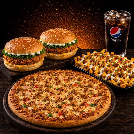 2 chicken burger  Full loaded fries  Chicken pizza  Cold drink